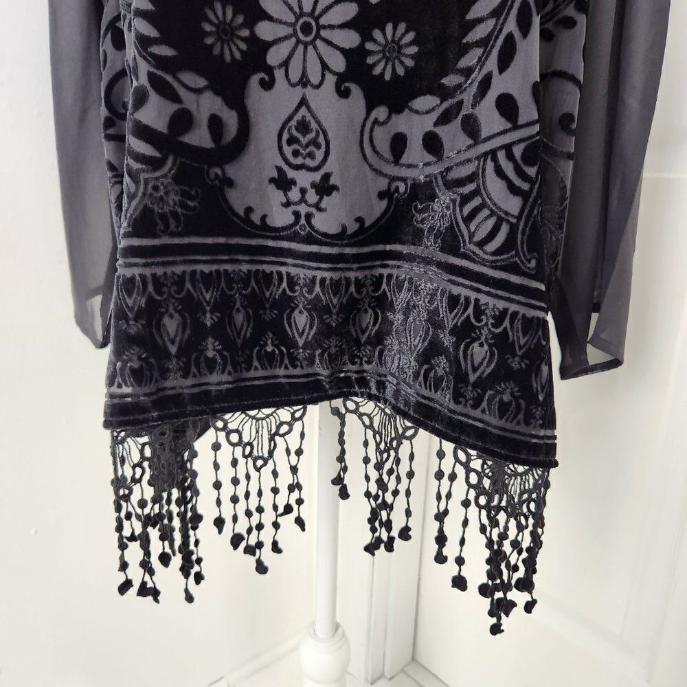 Chicos Top Womens 3 US XL Black Burnout Velvet Fringe Trim Goth Witch Festival - Picture 3 of 16